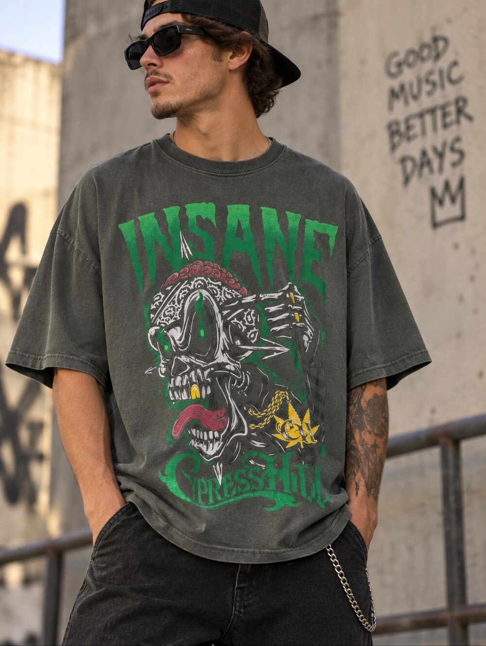 CYPRESS HILL Graphic T Shirt Mens XL Tall Gray Skull Hip Hop Streetwear Rap Edgy